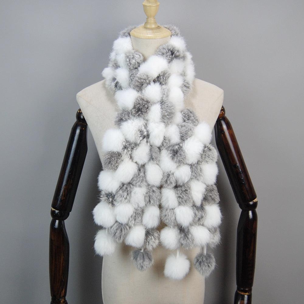 Écharpe pompon en fourrure de lapin - Édition Limitée Gris