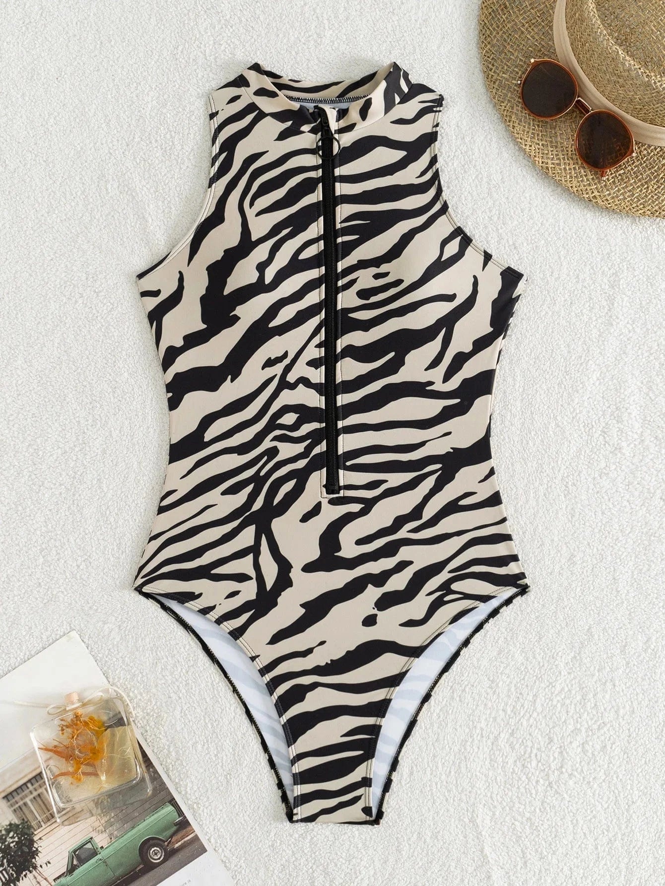 Élégant Maillot de Bain Zébré 1 Pièce avec Zip Réglable