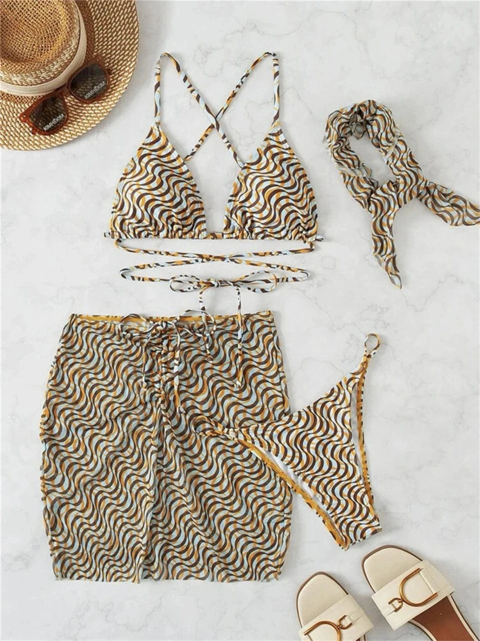 Ensemble Bikini Avec Jupe Drapée - Motif Abstrait Violet et Blanc : Style & Confort Assurés
