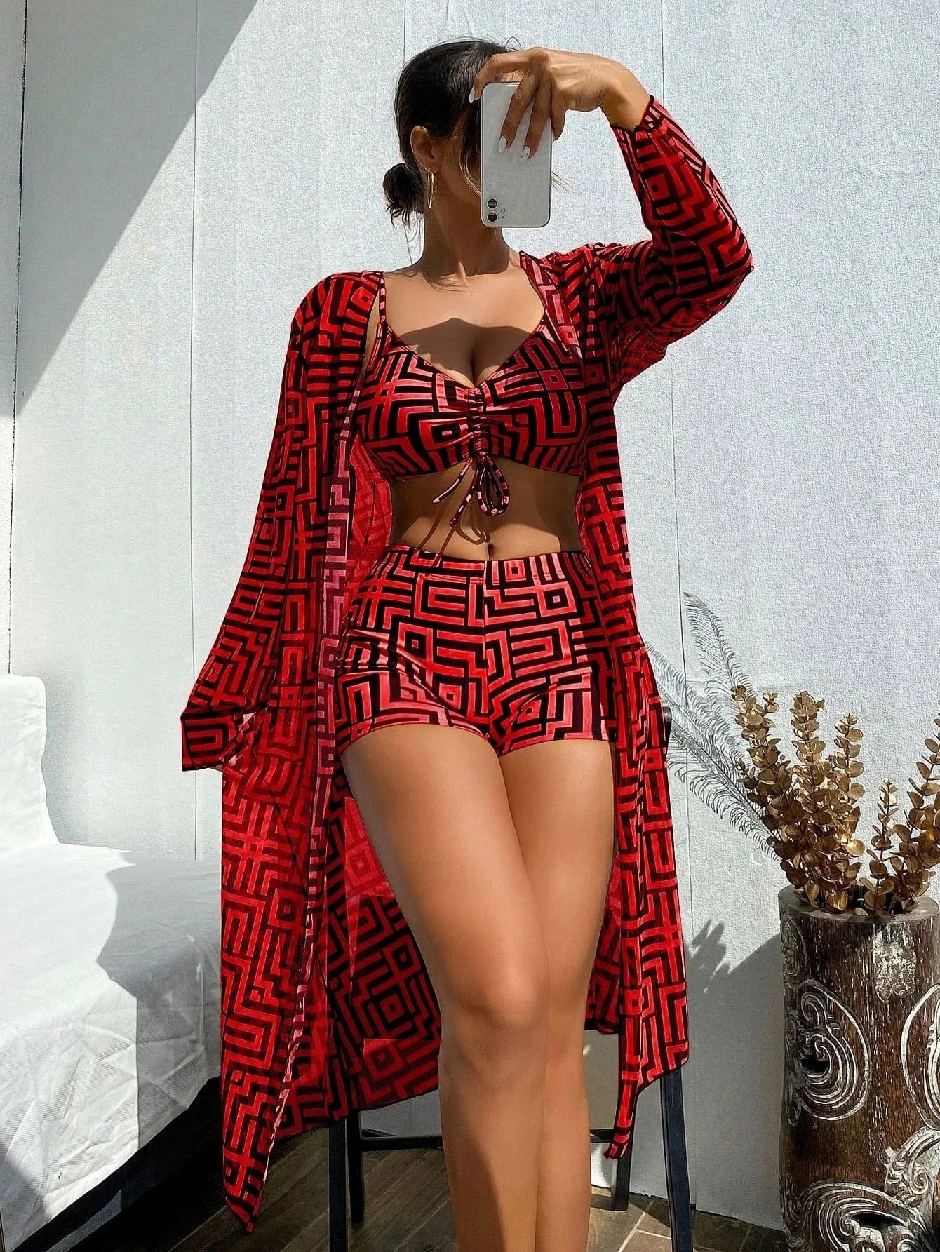 Ensemble Bikini avec Robe de Bain Géométrique Élégante - Style Chic et Confort Assuré Rouge / S