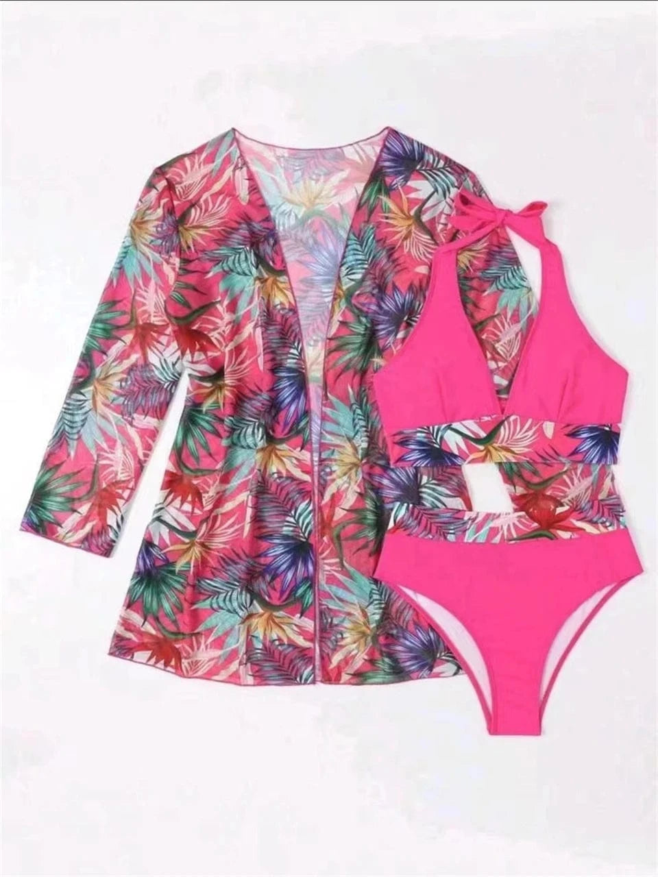Ensemble Bikini avec Robe de Bain Tropicale : Élégance et Confort pour Votre Été Rose / S