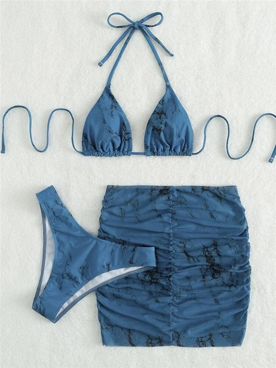 Ensemble Bikini Bleu Marbré avec Jupe – Élégance et Tendance Plage Bleu / S