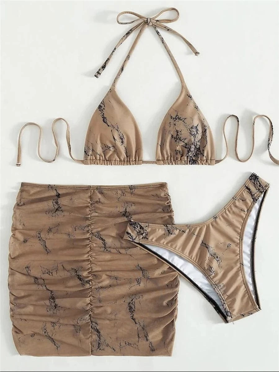Ensemble Bikini Bleu Marbré avec Jupe – Élégance et Tendance Plage Marron / S
