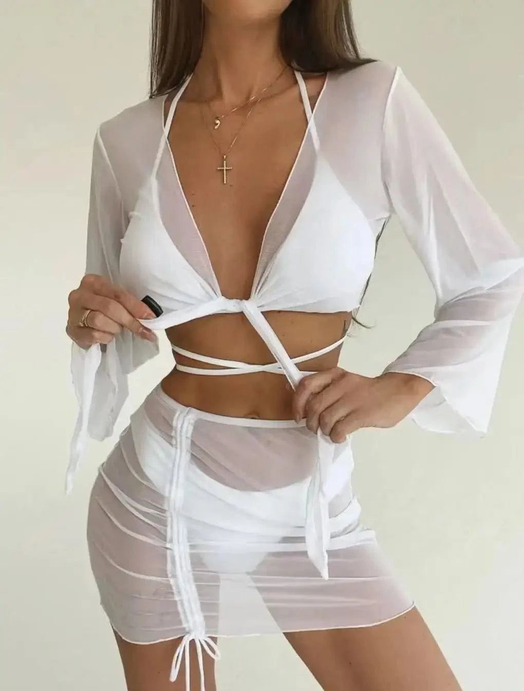 Ensemble Bikini Élégant Noir avec Robe de Bain Transparente et Manches Amovibles Blanc / S