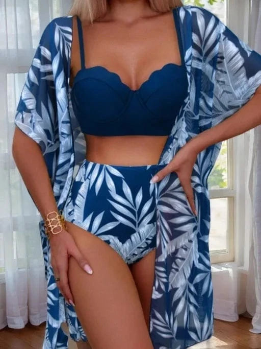 Ensemble Bikini Robe de Bain Tropical Chic 3 pièces Bleu Fleuri / S