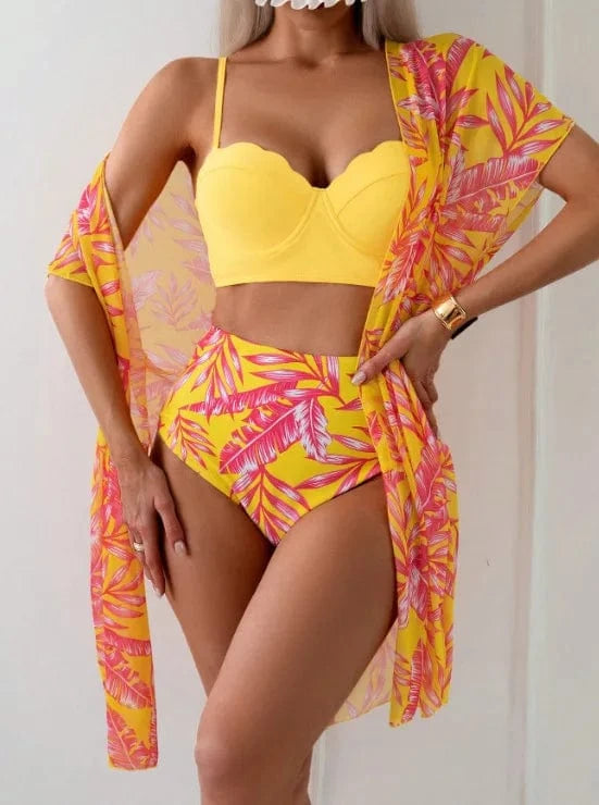 Ensemble Bikini Robe de Bain Tropical Chic 3 pièces Jaune/Orange / S