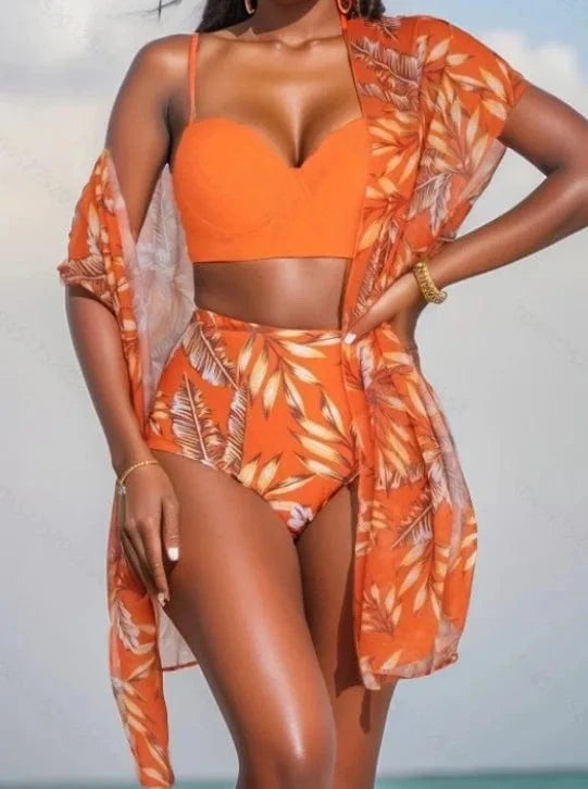 Ensemble Bikini Robe de Bain Tropical Chic 3 pièces Orange / S