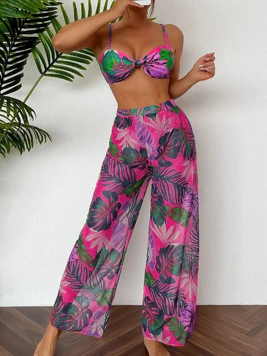 Ensemble Bikini Tropical Chic avec Pantalon de Bain Flottant Fushia / S