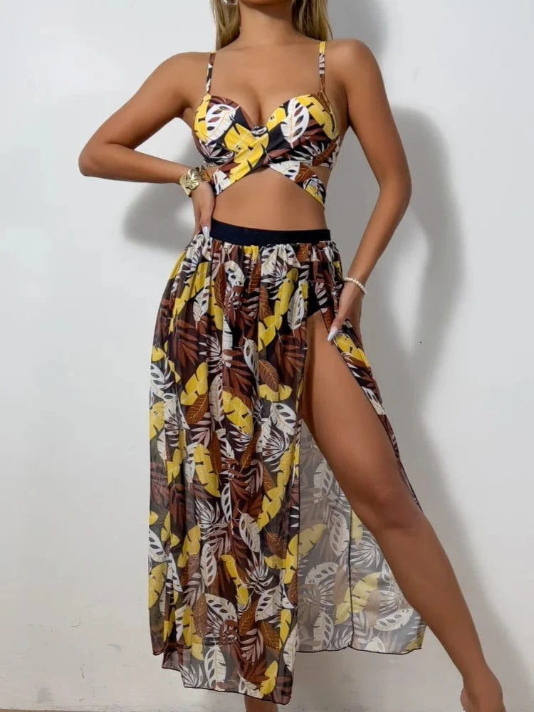 Ensemble Bikini Tropical Trois Pièces Élégance Feuilles Exotiques