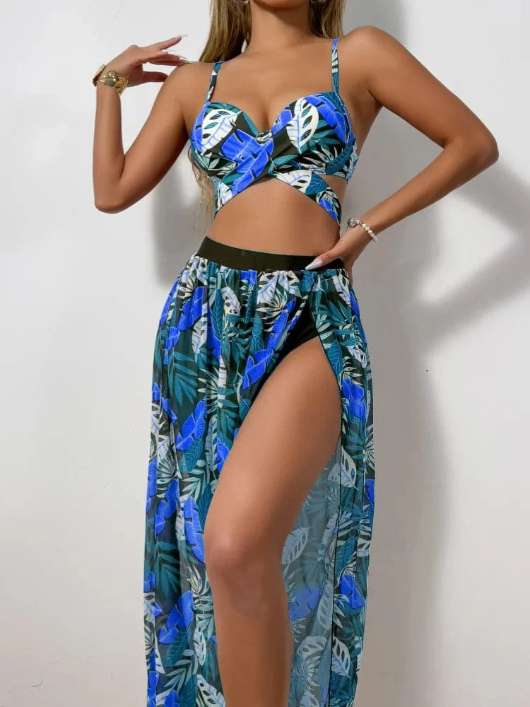 Ensemble Bikini Tropical Trois Pièces Élégance Feuilles Exotiques Bleu / S