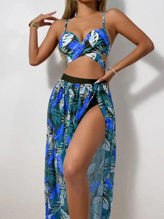 Ensemble Bikini Tropical Trois Pièces Élégance Feuilles Exotiques Bleu / S