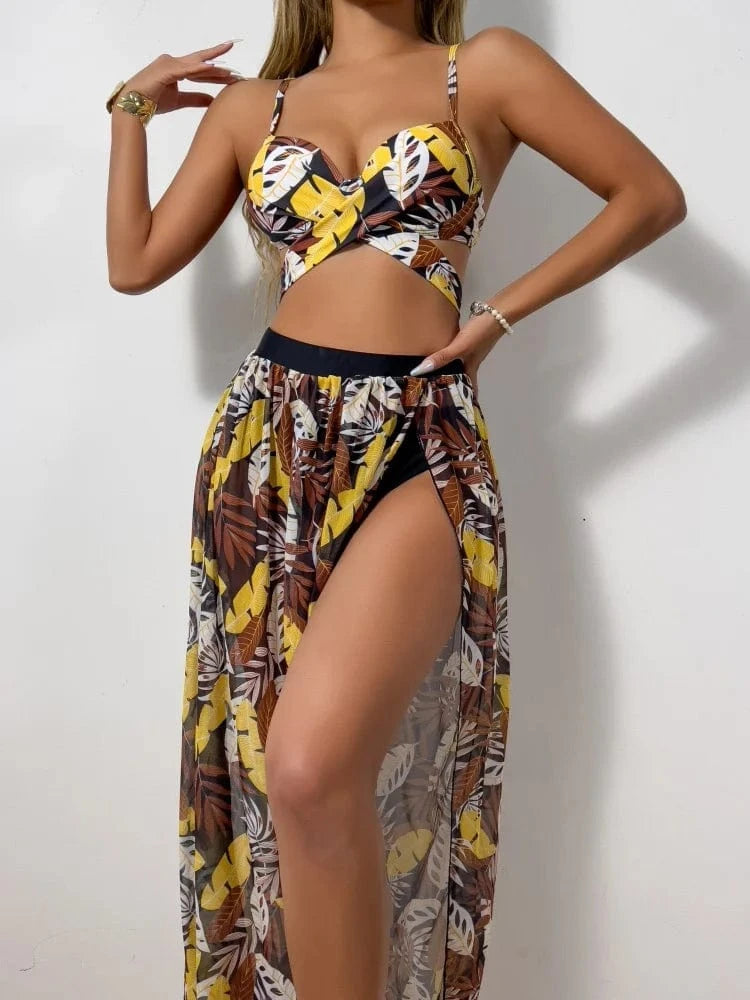 Ensemble Bikini Tropical Trois Pièces Élégance Feuilles Exotiques Jaune / S