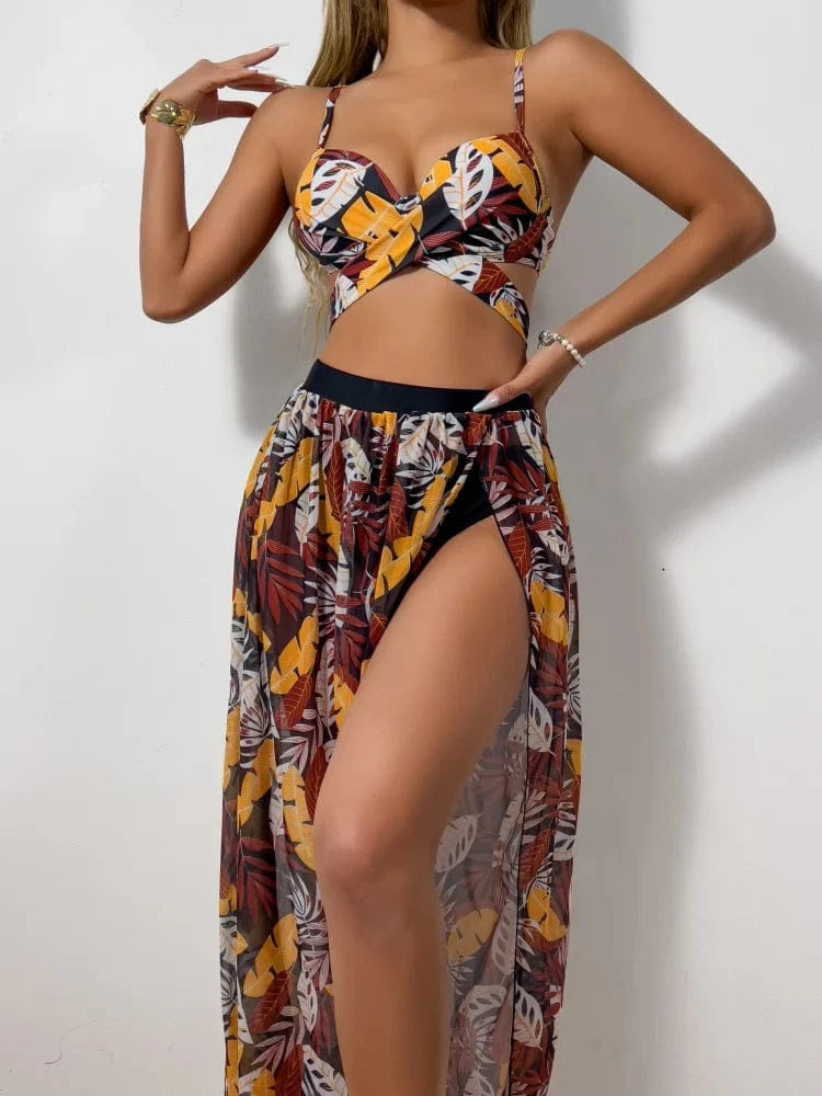 Ensemble Bikini Tropical Trois Pièces Élégance Feuilles Exotiques Orange / S