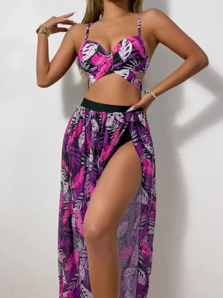 Ensemble Bikini Tropical Trois Pièces Élégance Feuilles Exotiques Rose / S