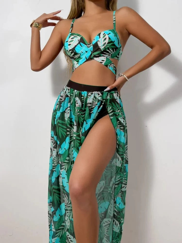 Ensemble Bikini Tropical Trois Pièces Élégance Feuilles Exotiques Vert d'eau / S