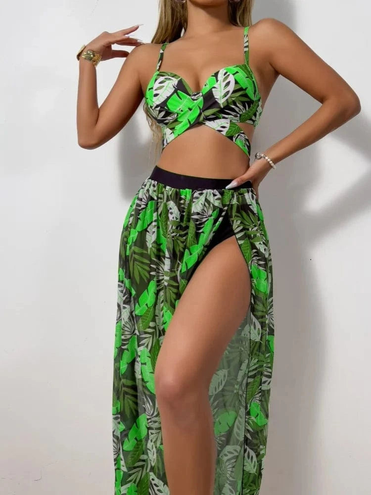 Ensemble Bikini Tropical Trois Pièces Élégance Feuilles Exotiques Vert / S