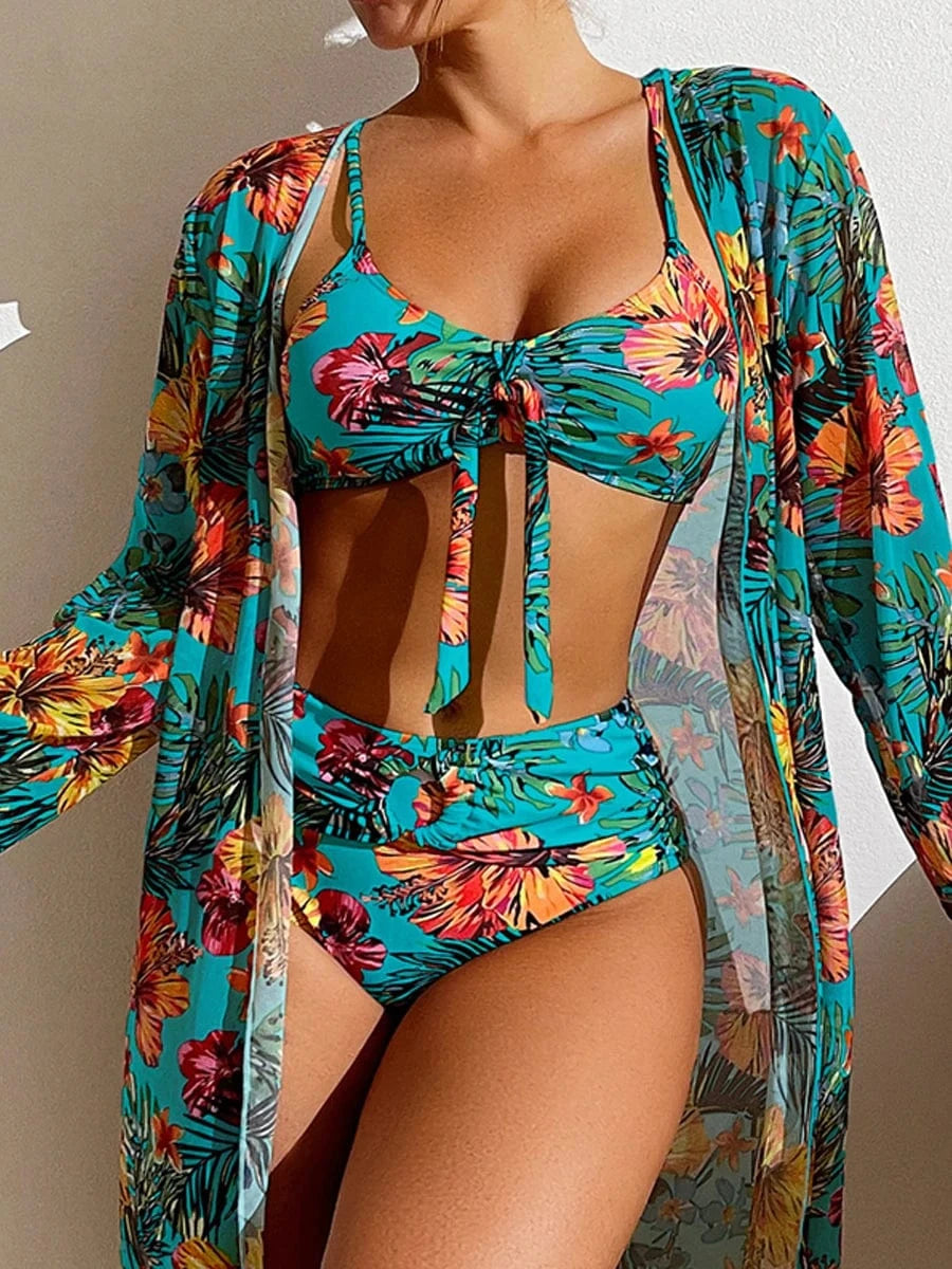 Ensemble de Bain Bikini avec Robe et Pantalon - Élégance Unique Vert d'eau / S