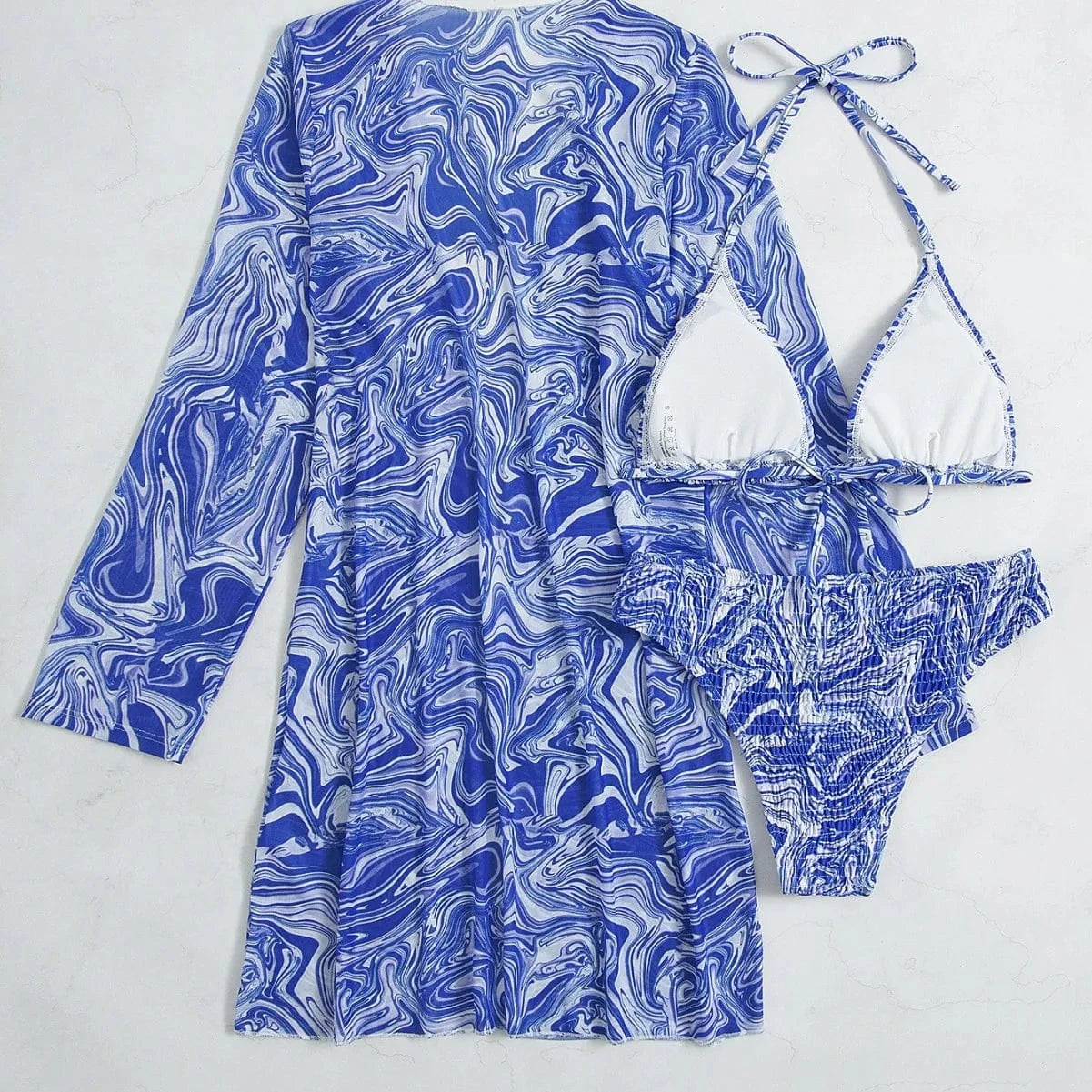 Ensemble Marbré Chic de Bain - Bikini et Robe Assortie pour un Style Élégant et Moderne.