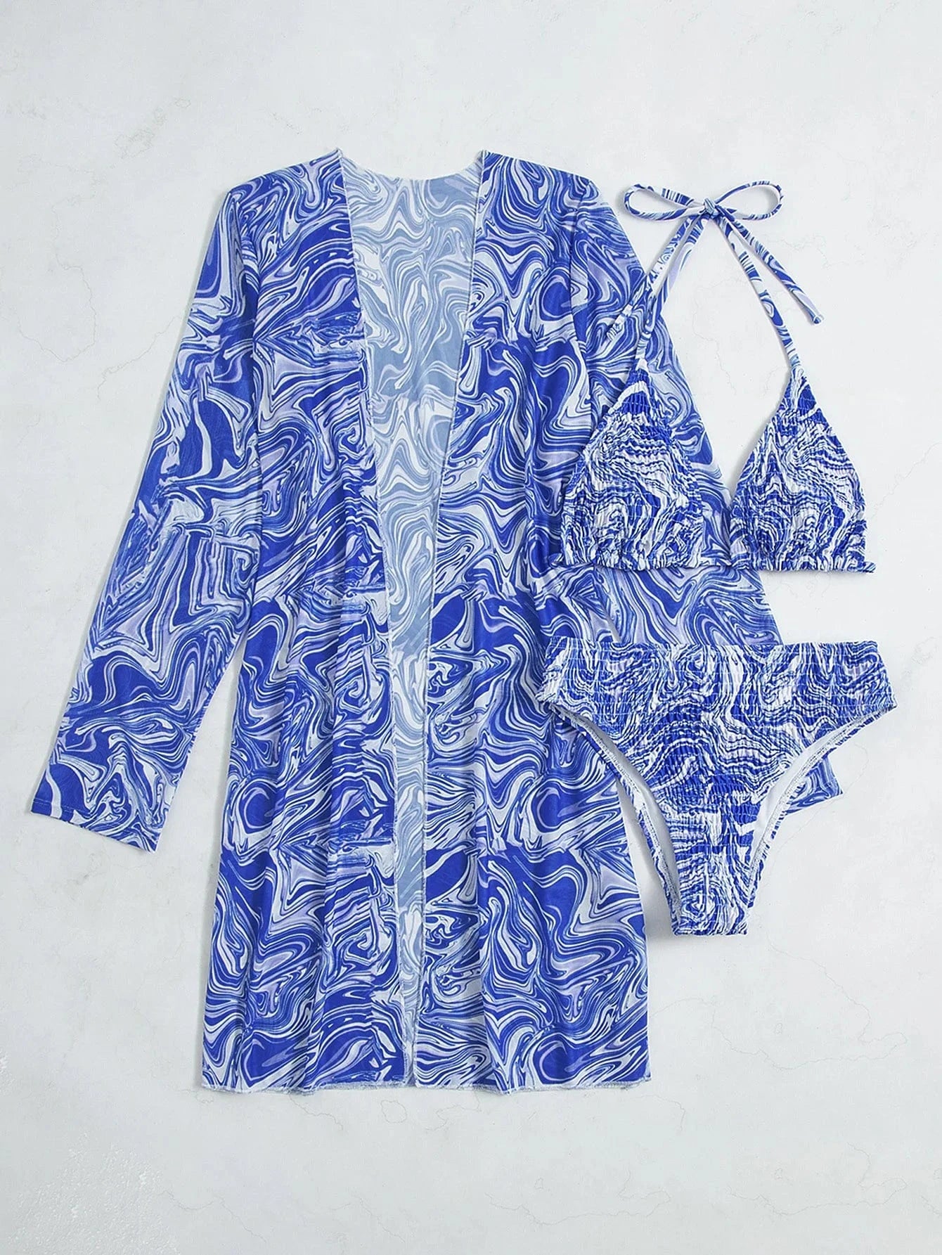 Ensemble Marbré Chic de Bain - Bikini et Robe Assortie pour un Style Élégant et Moderne. S