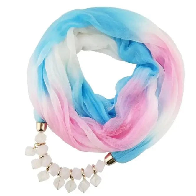 Foulard Bijou avec Collier Intégré – Élégance Bohème et Décolleté Raffiné Bleu/Rose