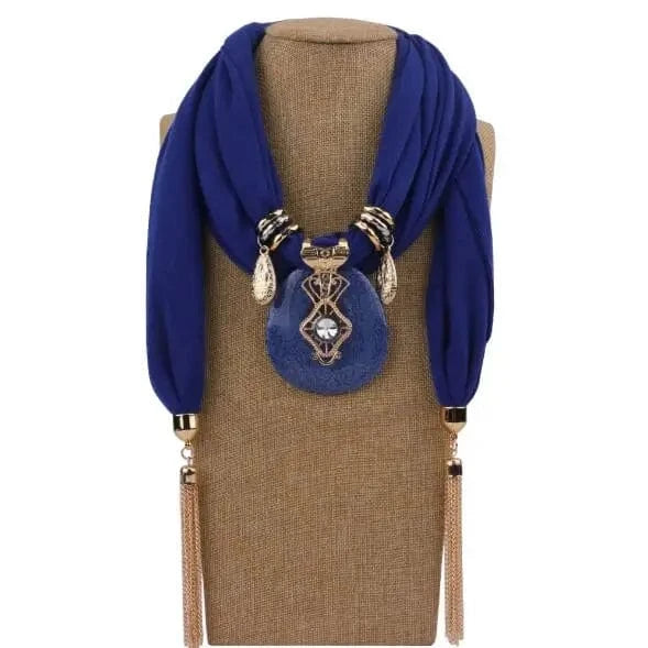Foulard Bijou Collier Bib – Écharpe avec Bijou Intégré et Pendentifs Bleu