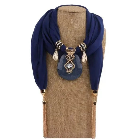 Foulard Bijou Collier Bib – Écharpe avec Bijou Intégré et Pendentifs Bleu Foncé