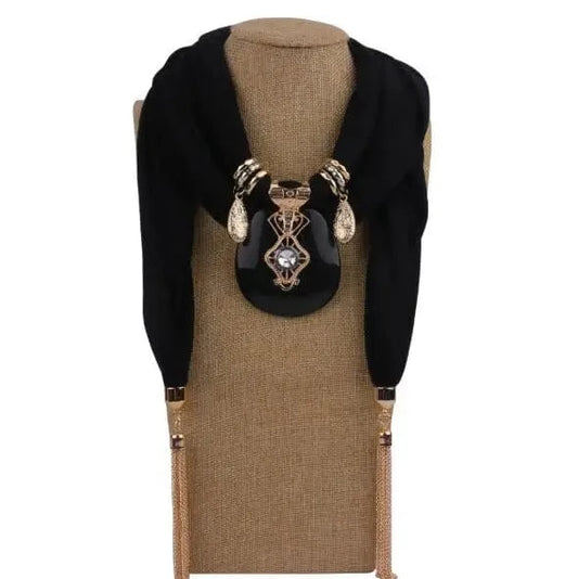 Foulard Bijou Collier Bib – Écharpe avec Bijou Intégré et Pendentifs Noir