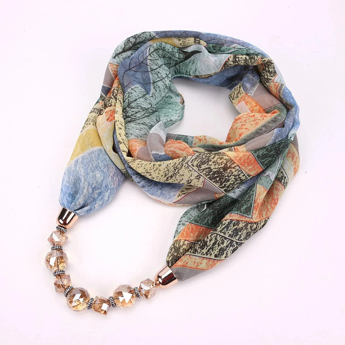 Foulard Bijou Collier Intégré - Collier court sur foulard avec perles facettées Bleu