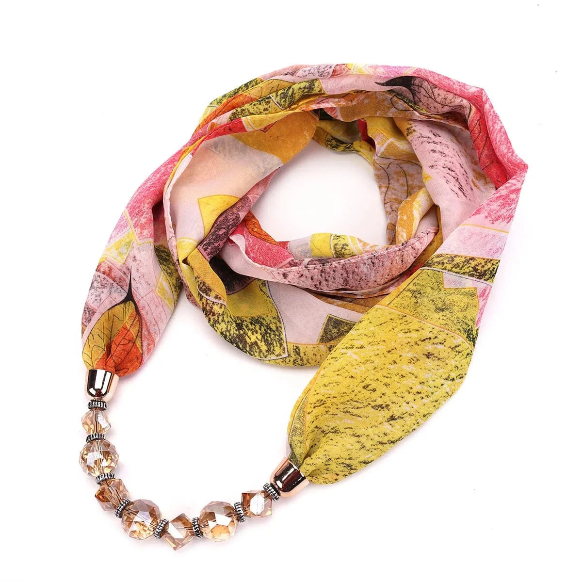 Foulard Bijou Collier Intégré - Collier court sur foulard avec perles facettées Rose/Jaune
