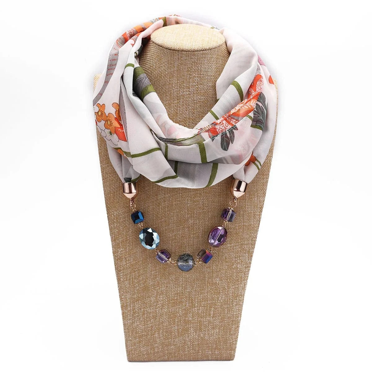 Foulard Bijou Collier Intégré – Écharpe avec collier long intégré et perles Blanc