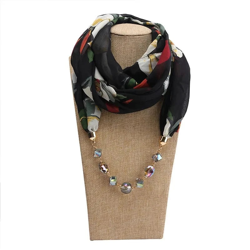 Foulard Bijou Collier Intégré – Écharpe avec collier long intégré et perles Noir 1