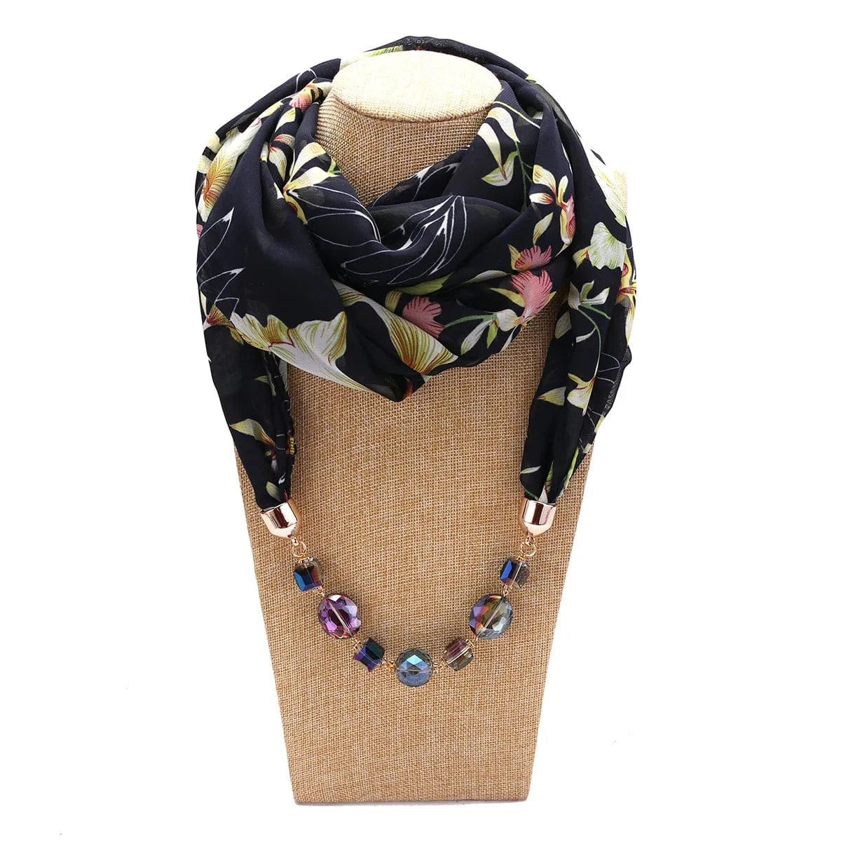 Foulard Bijou Collier Intégré – Écharpe avec collier long intégré et perles Noir