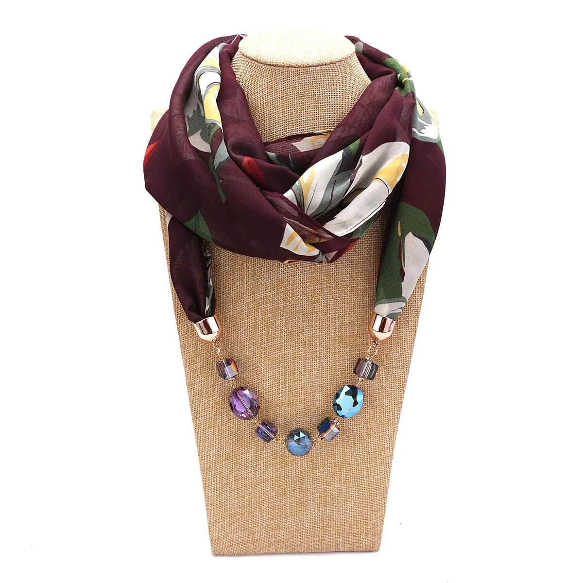 Foulard Bijou Collier Intégré – Écharpe avec collier long intégré et perles Rouge Foncé