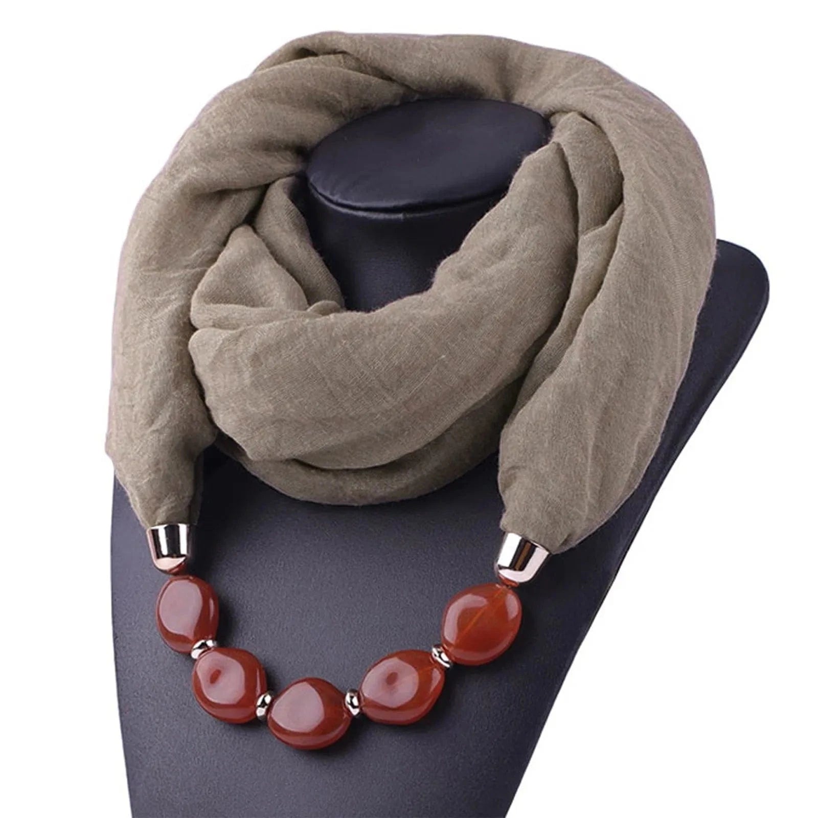 Foulard Bijou Collier Intégré — Écharpe enveloppante avec perles Marron