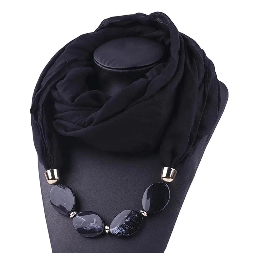 Foulard Bijou Collier Intégré — Écharpe enveloppante avec perles Noir