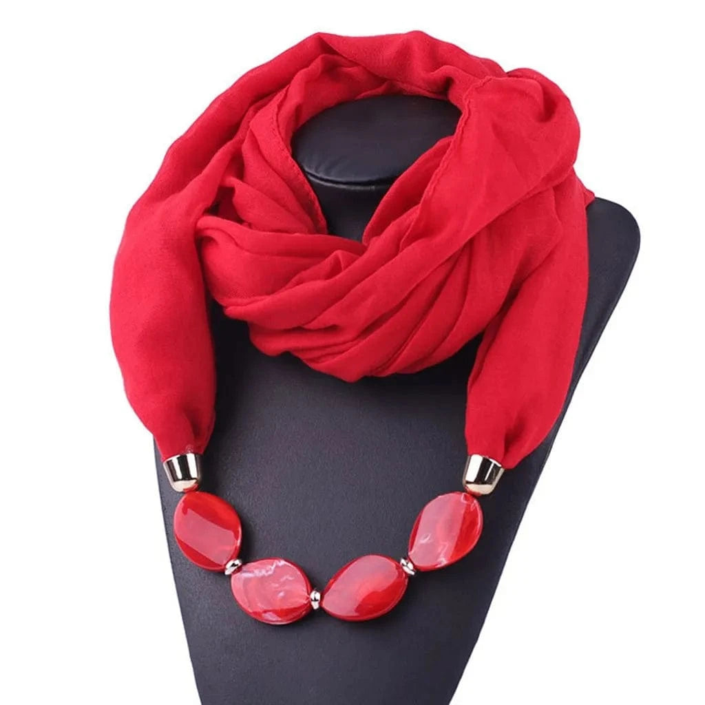 Foulard Bijou Collier Intégré — Écharpe enveloppante avec perles Rouge