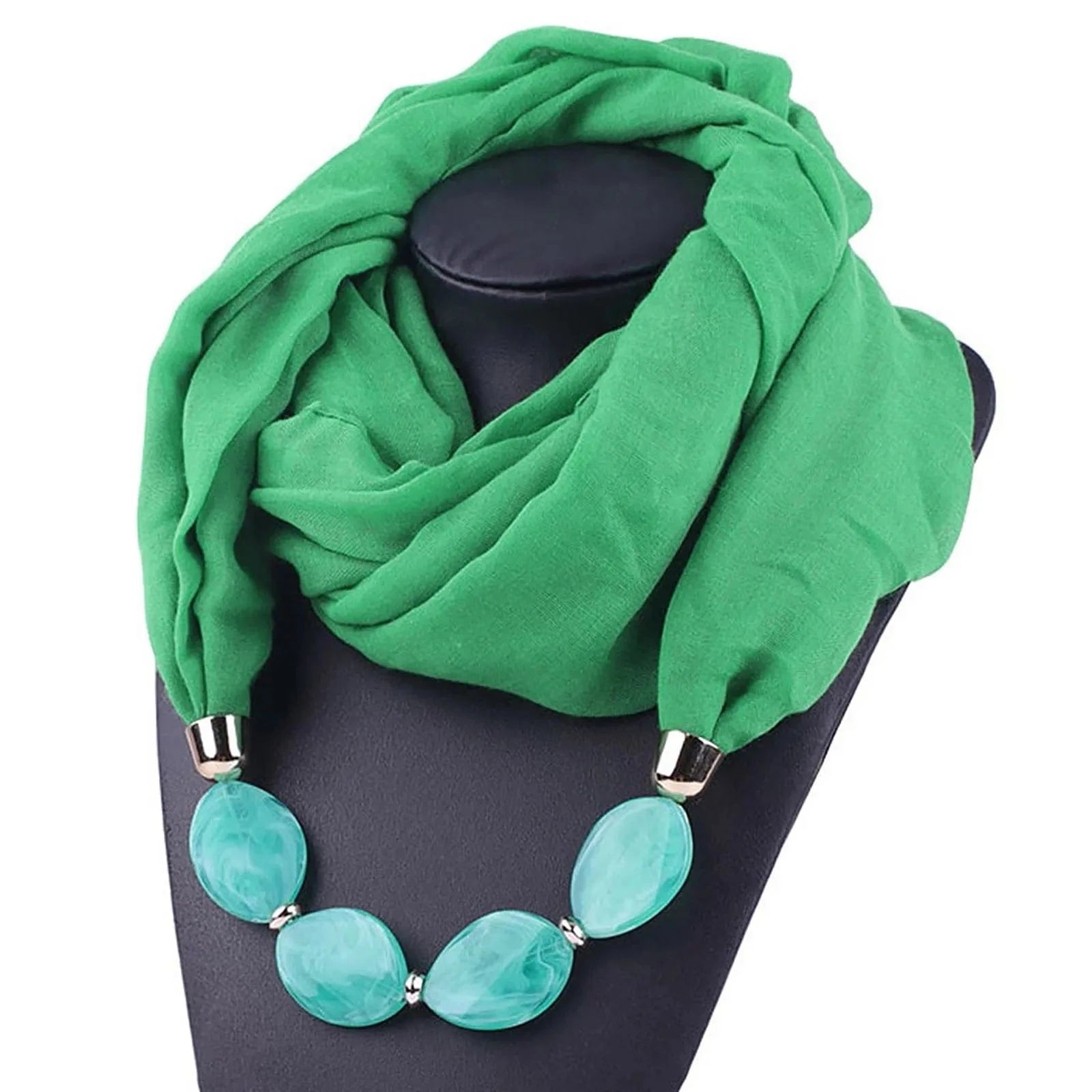 Foulard Bijou Collier Intégré — Écharpe enveloppante avec perles Vert