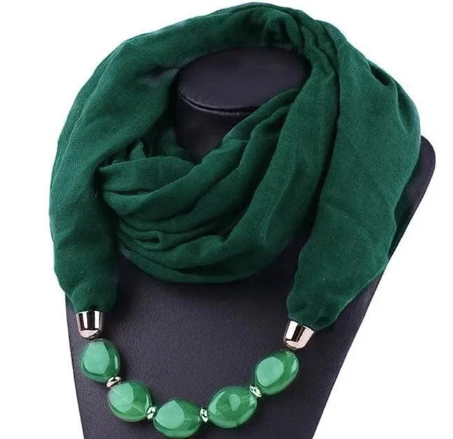 Foulard Bijou Collier Intégré — Écharpe enveloppante avec perles Vert Foncé
