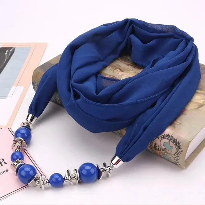 Foulard Bijou Collier Intégré — Élégant foulard avec collier intégré et perles Bleu Foncé