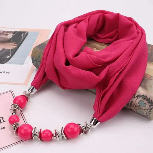 Foulard Bijou Collier Intégré — Élégant foulard avec collier intégré et perles Fushia