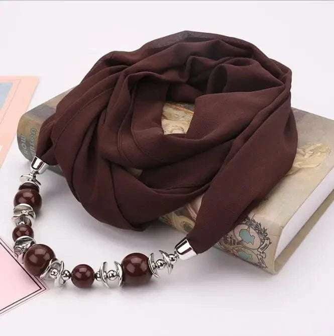 Foulard Bijou Collier Intégré — Élégant foulard avec collier intégré et perles Marron Foncé