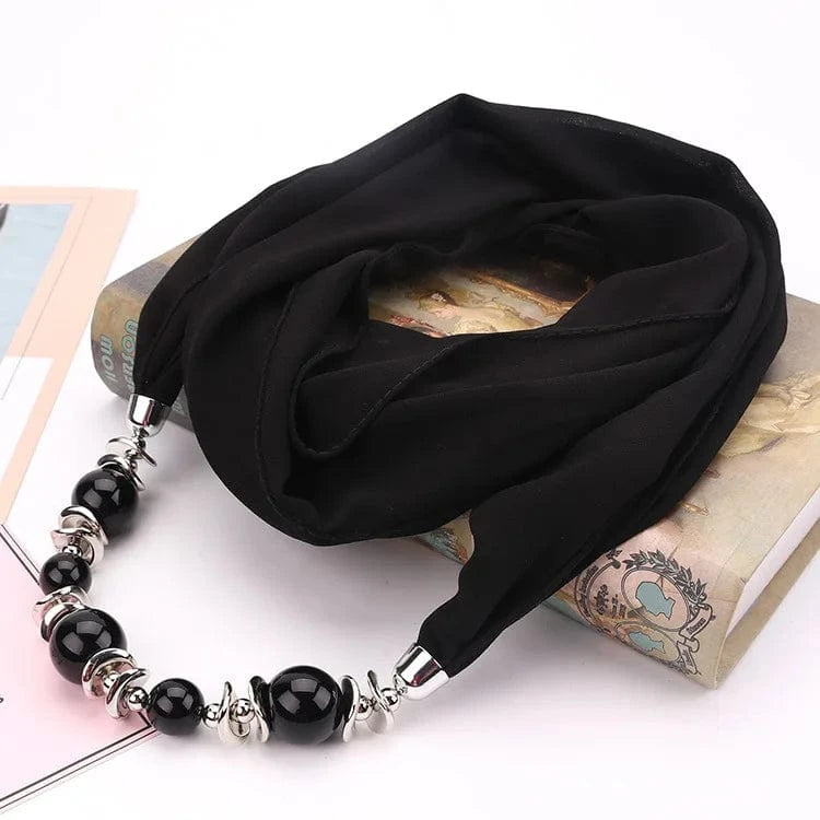 Foulard Bijou Collier Intégré — Élégant foulard avec collier intégré et perles Noir