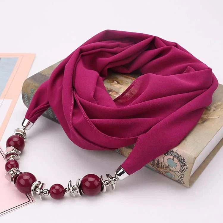 Foulard Bijou Collier Intégré — Élégant foulard avec collier intégré et perles Rose Foncé