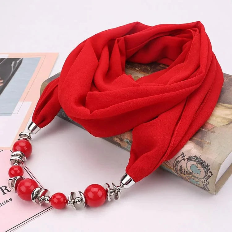 Foulard Bijou Collier Intégré — Élégant foulard avec collier intégré et perles Rouge
