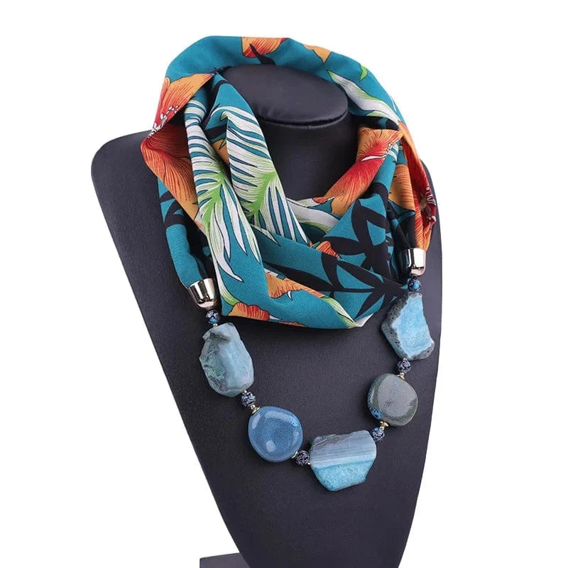 Foulard Bijou Collier Intégré – Imprimé Botanique Graphique Bleu