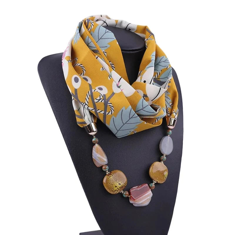 Foulard Bijou Collier Intégré – Imprimé Botanique Graphique Jaune