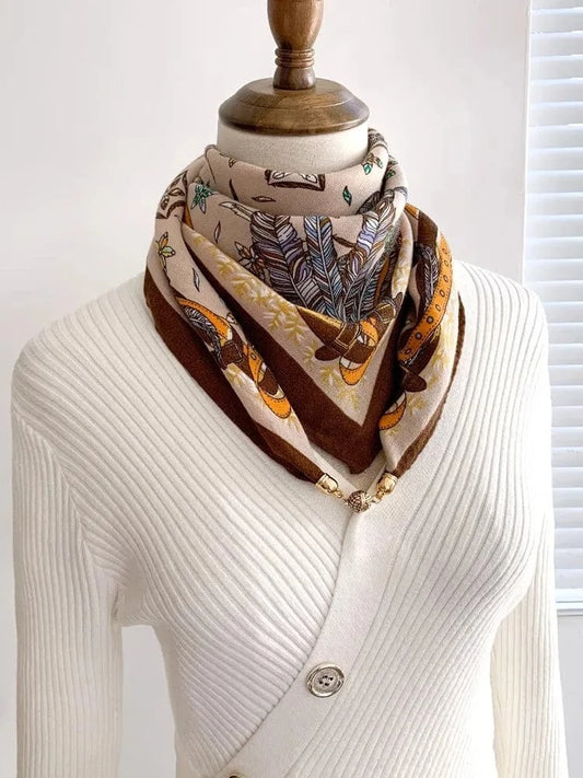 Foulard Bijou Collier Intégré - Pendentif rond et perles sur motif botanique