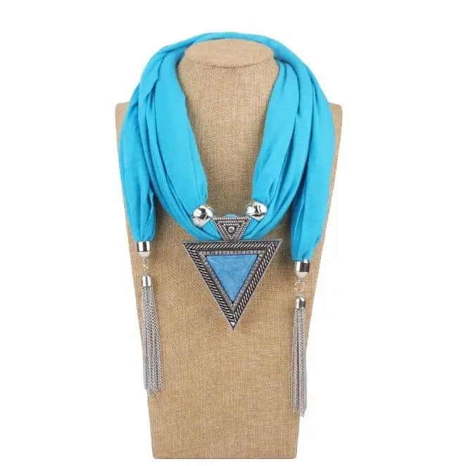 Foulard Bijou Collier Pendentif Géométrique - Écharpe longue bohème Bleu Clair