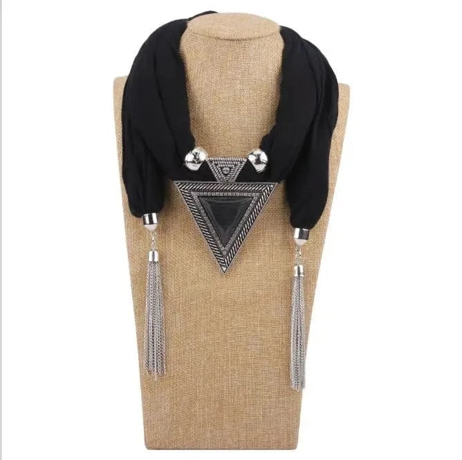 Foulard Bijou Collier Pendentif Géométrique - Écharpe longue bohème noir