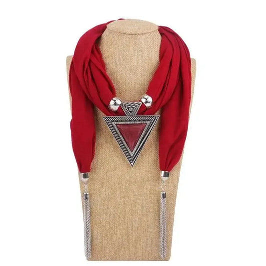 Foulard Bijou Collier Pendentif Géométrique - Écharpe longue bohème Rouge